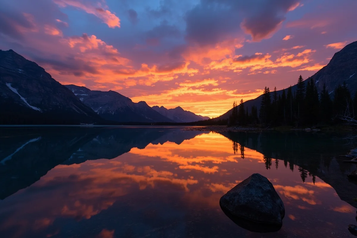 Sunset view from Mokowanis Lake campground with peaks reflected in calm water