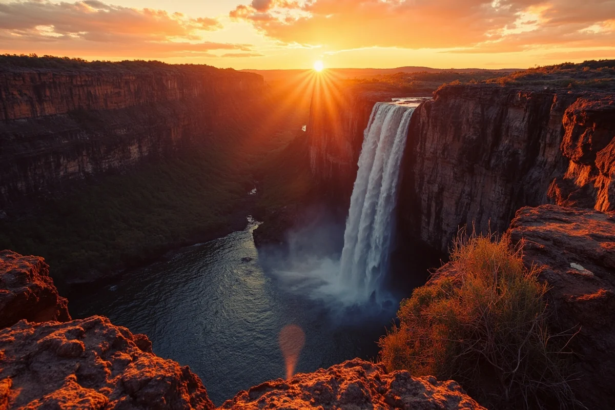 Sunset view of Lower Falls with warm golden light illuminating the canyon walls