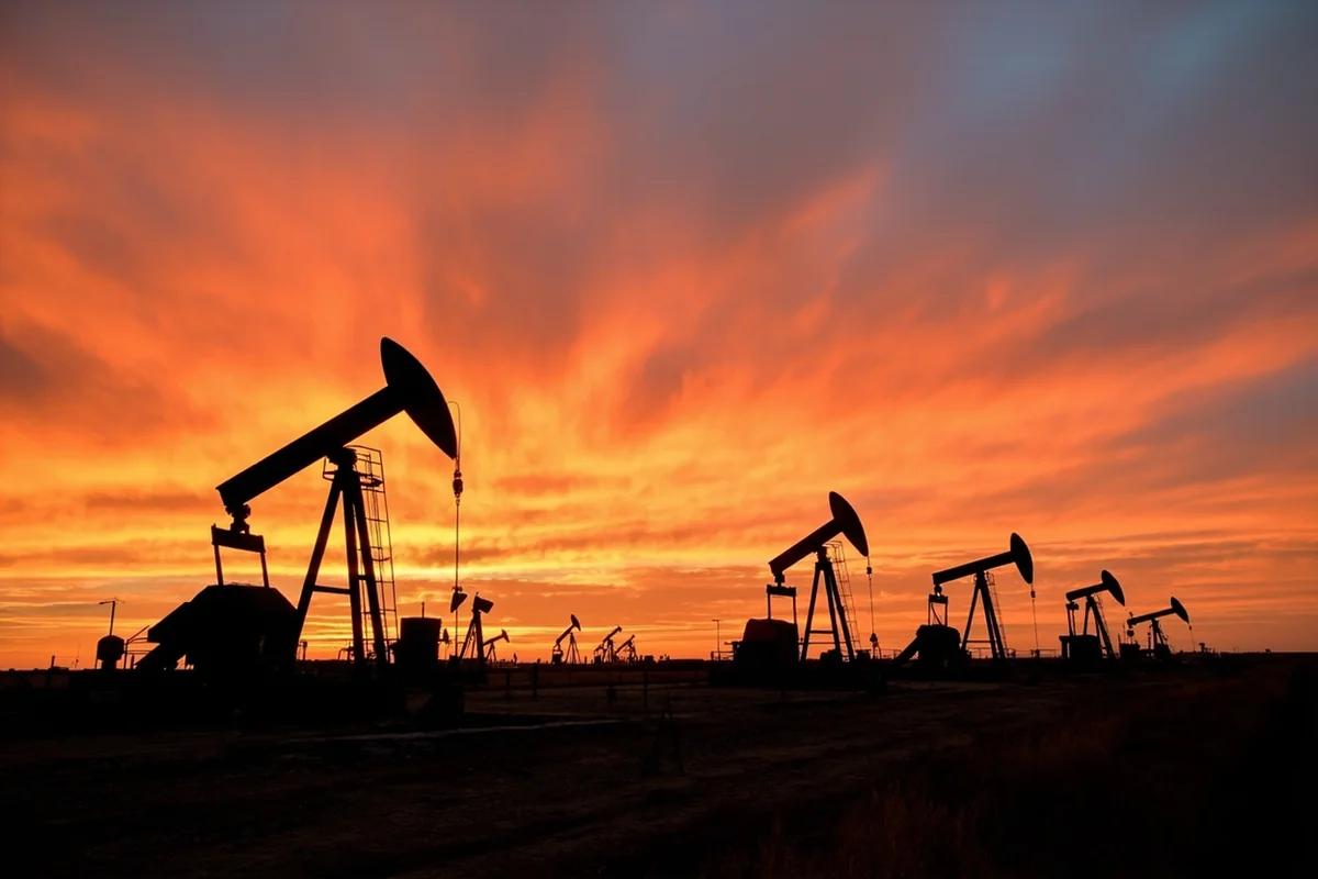 Sunset view of pumpjacks operating in the Bakken formation near Sidney, Montana