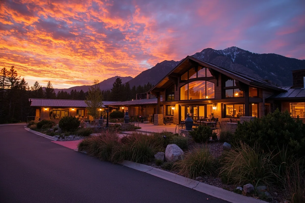 Sunset view of the Discovery Center with mountain backdrop
