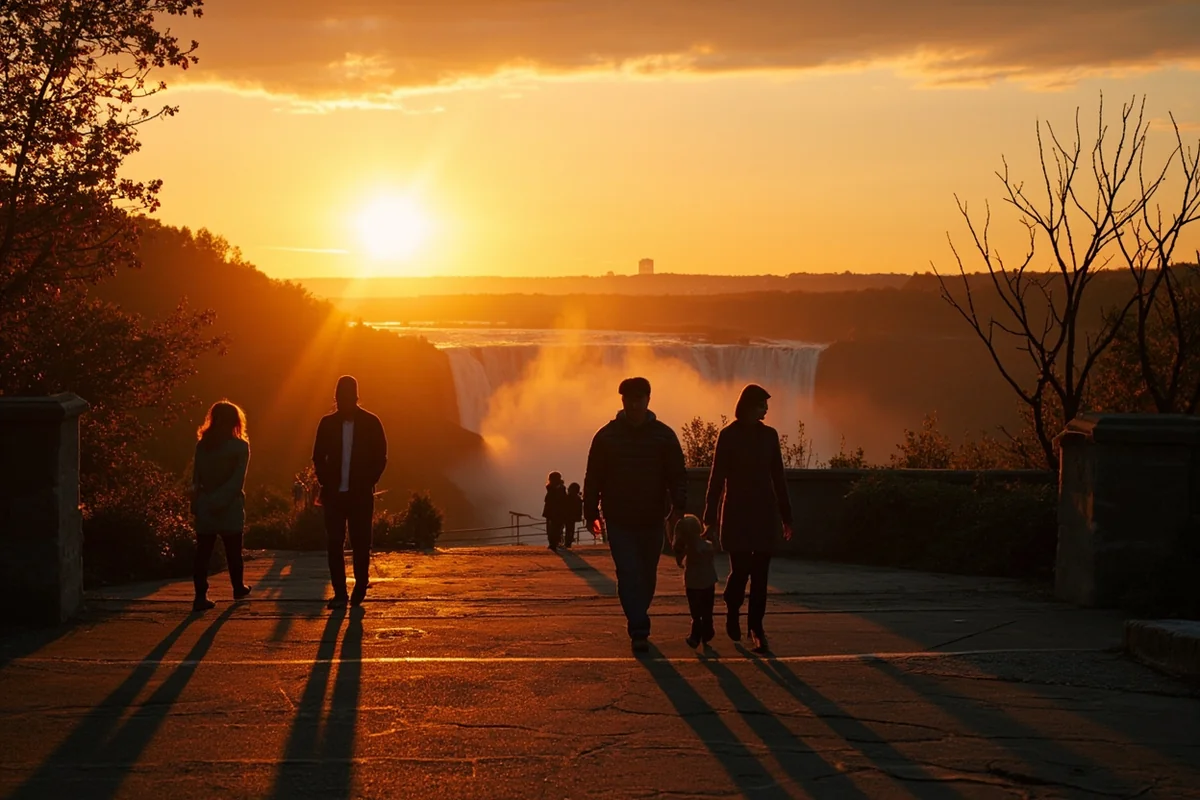Sunset view of the park with families exiting and the Great Falls skyline visible in the background