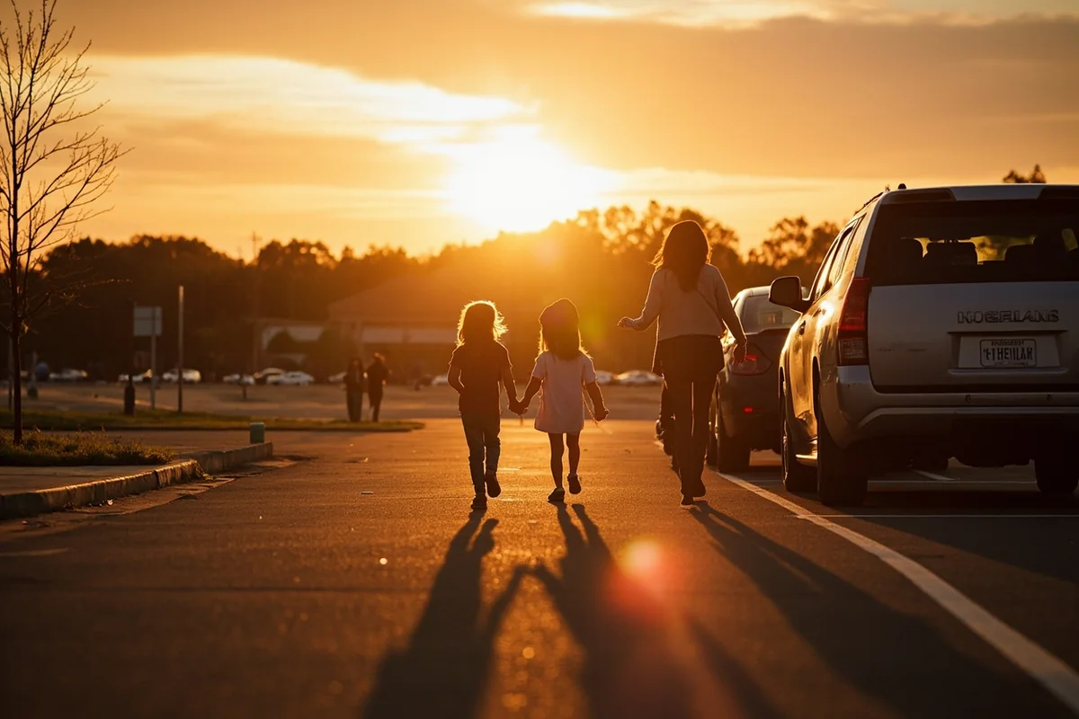 Sunset view over Amend Park with families heading to parking lot after a day at the splash park