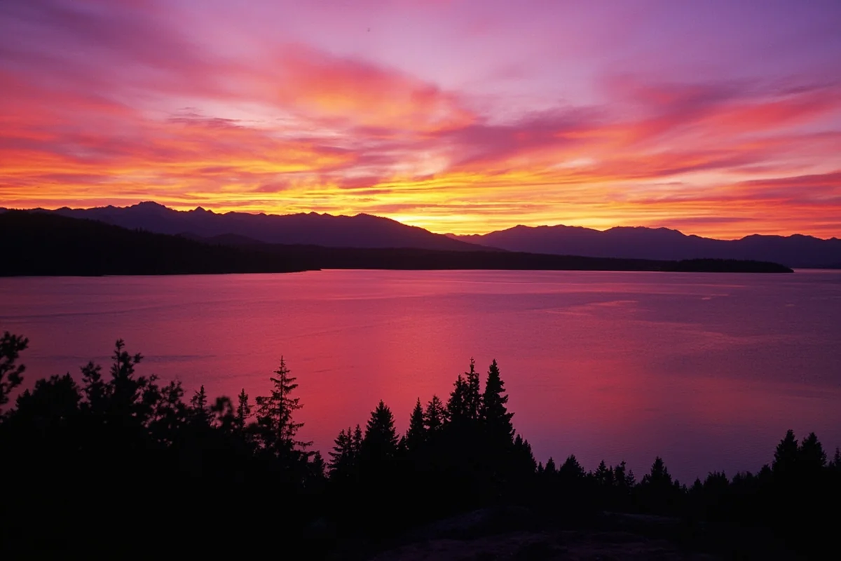 Sunset view over Flathead Lake with mountains silhouetted in background