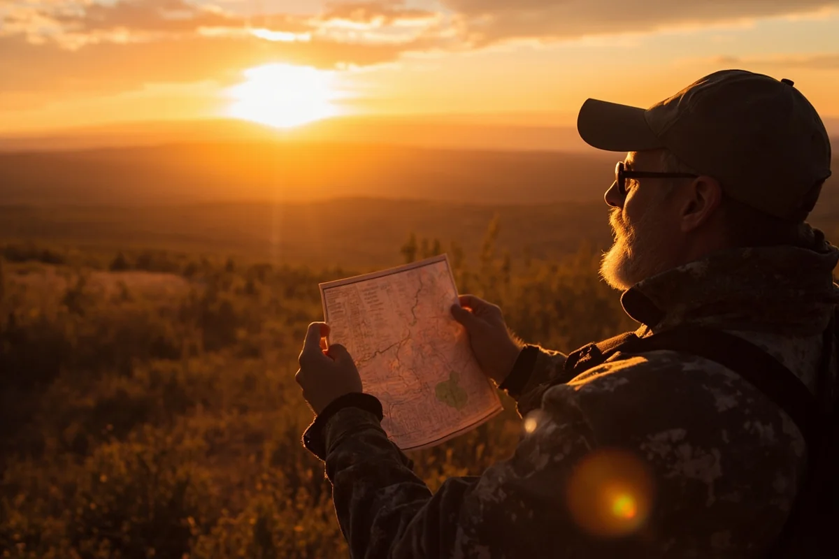 Sunset view over Montana hunting country with satisfied hunter reviewing map at day's end