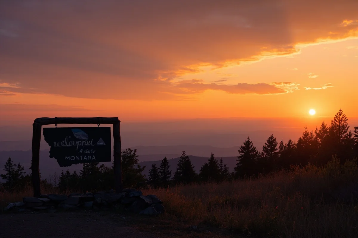 Sunset view over Montana landscape with "Welcome to Montana" sign visible