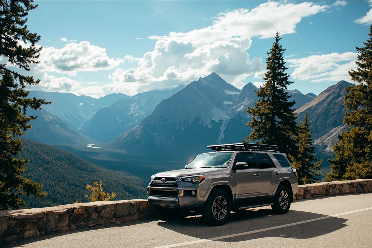 SUV parked at scenic overlook on Going-to-the-Sun Road, Glacier National Park, with dramatic mountain scenery