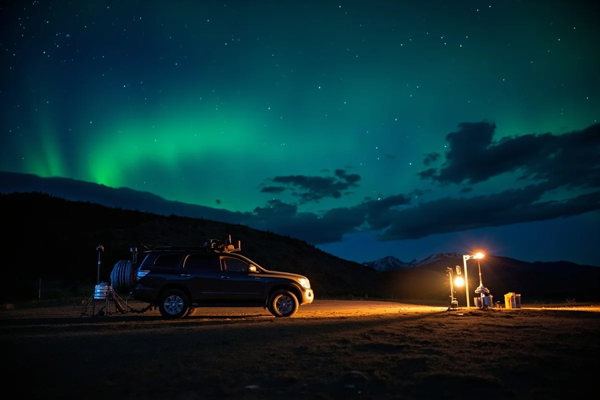 SUV parked on remote Montana road at night with aurora visible in sky and safety equipment visible near vehicle
