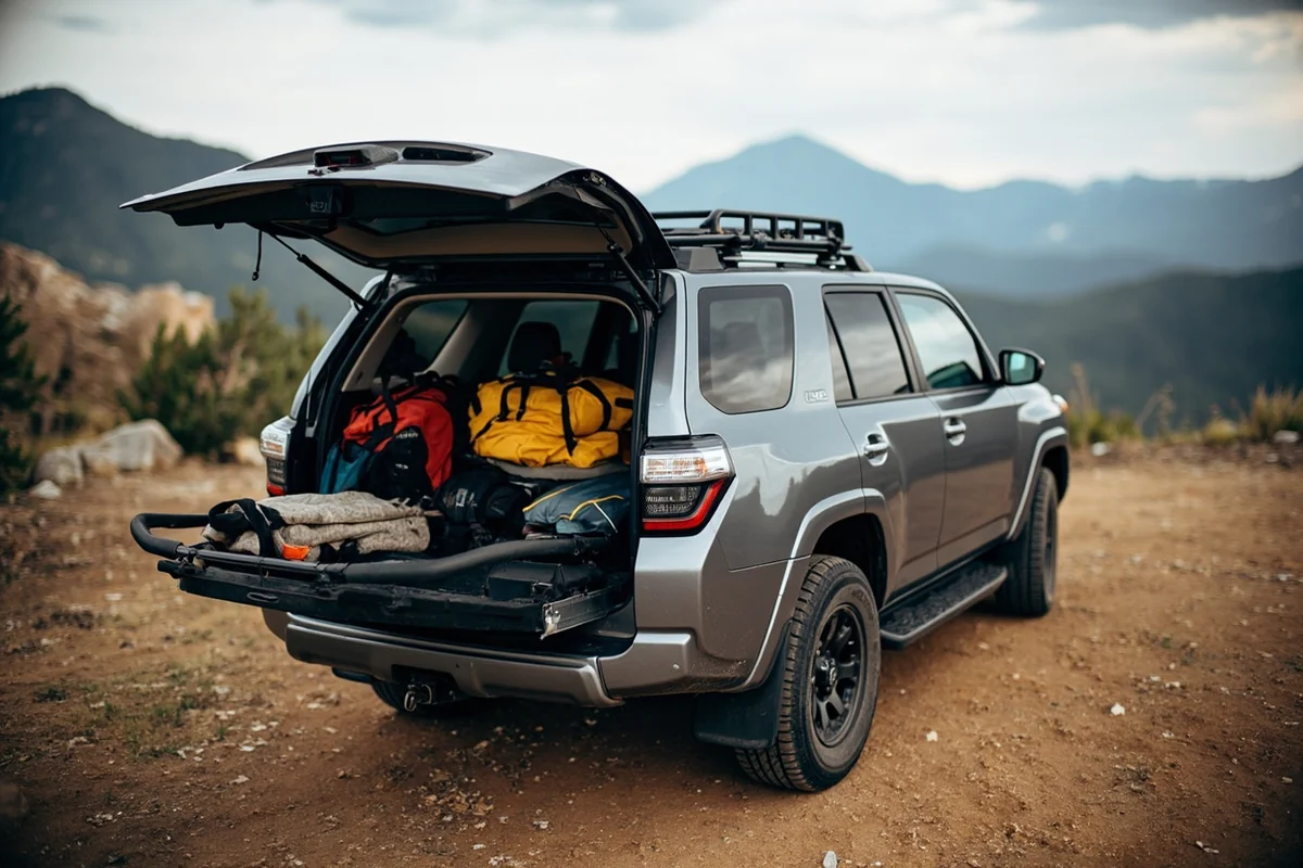 SUV rental car with camping gear loaded, parked at Montana trailhead