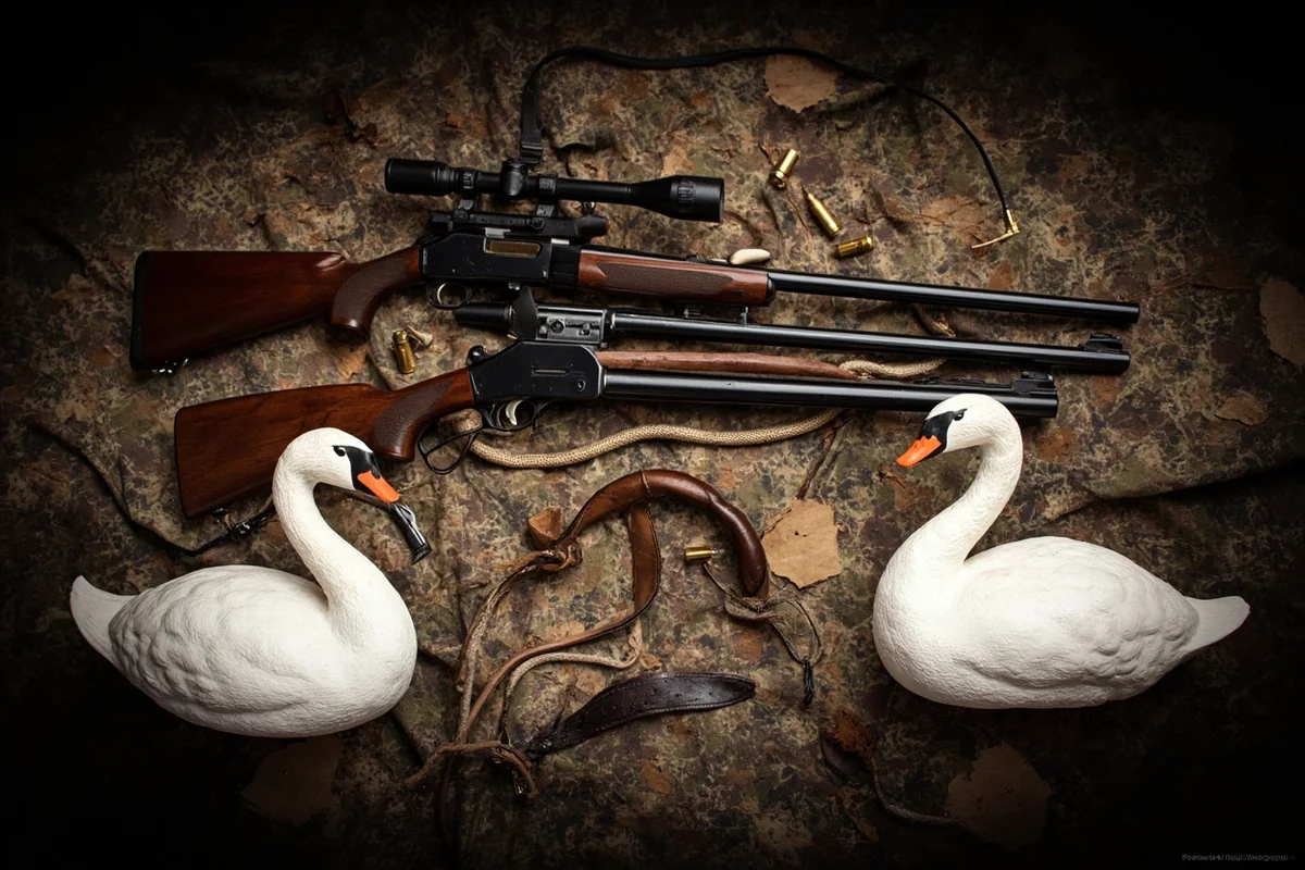 Swan hunting gear layout including shotgun, ammunition, and full-body swan decoys