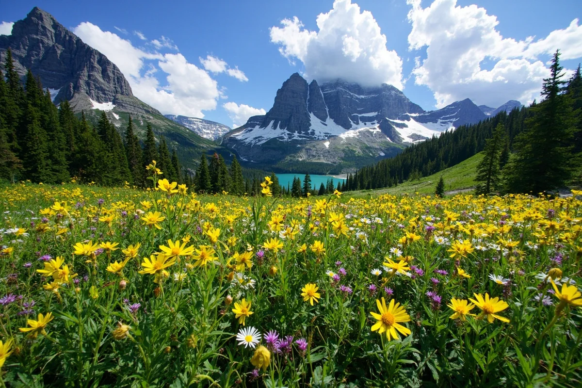 Sweeping meadow of wildflowers with mountain backdrop at Logan Pass, Glacier National Park