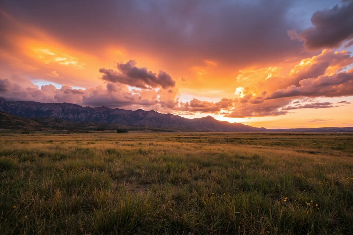 Sweeping Montana landscape at golden hour with mountains, meadow, and dramatic sky