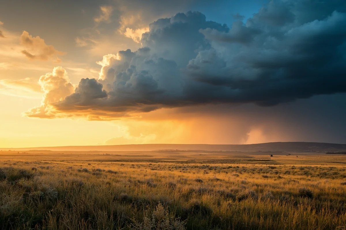 Sweeping panoramic view of Montana prairie with dramatic storm clouds and golden sunlight