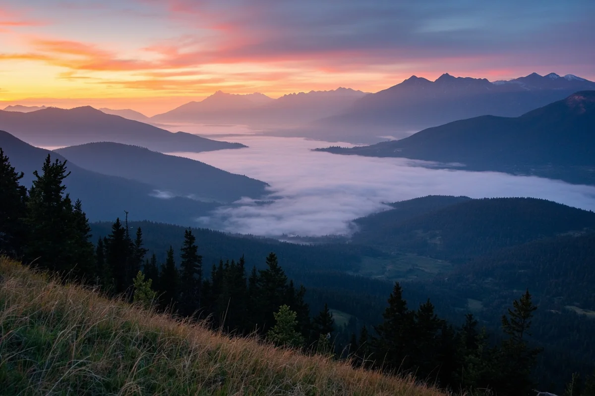Sweeping vista of Montana mountains at sunrise with morning fog in valleys