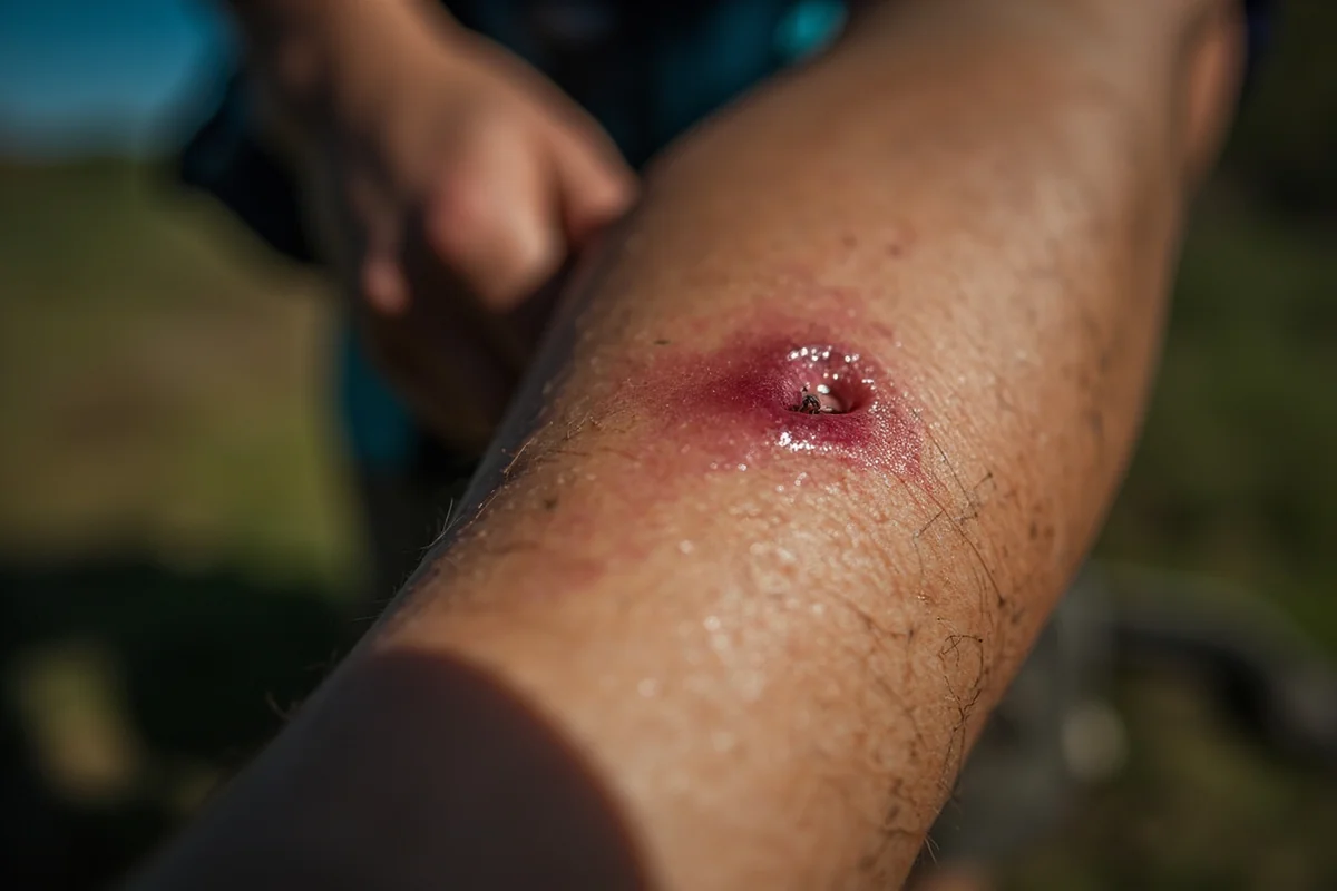 Swollen black fly bite showing typical inflammatory response on hiker's arm