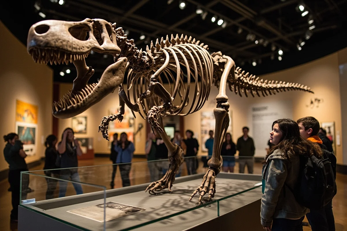 T. rex skeleton display at the Museum of the Rockies with visitors for scale