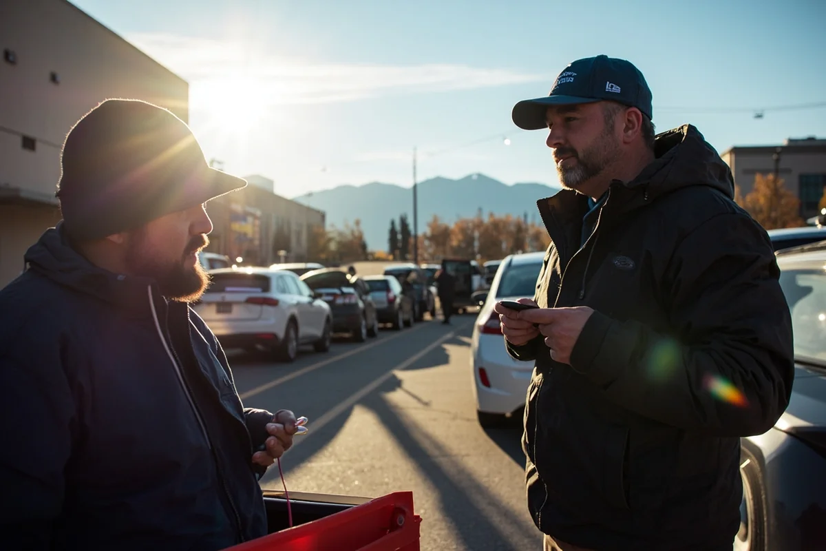 Tailgating scene outside Montana State football game with mountains visible