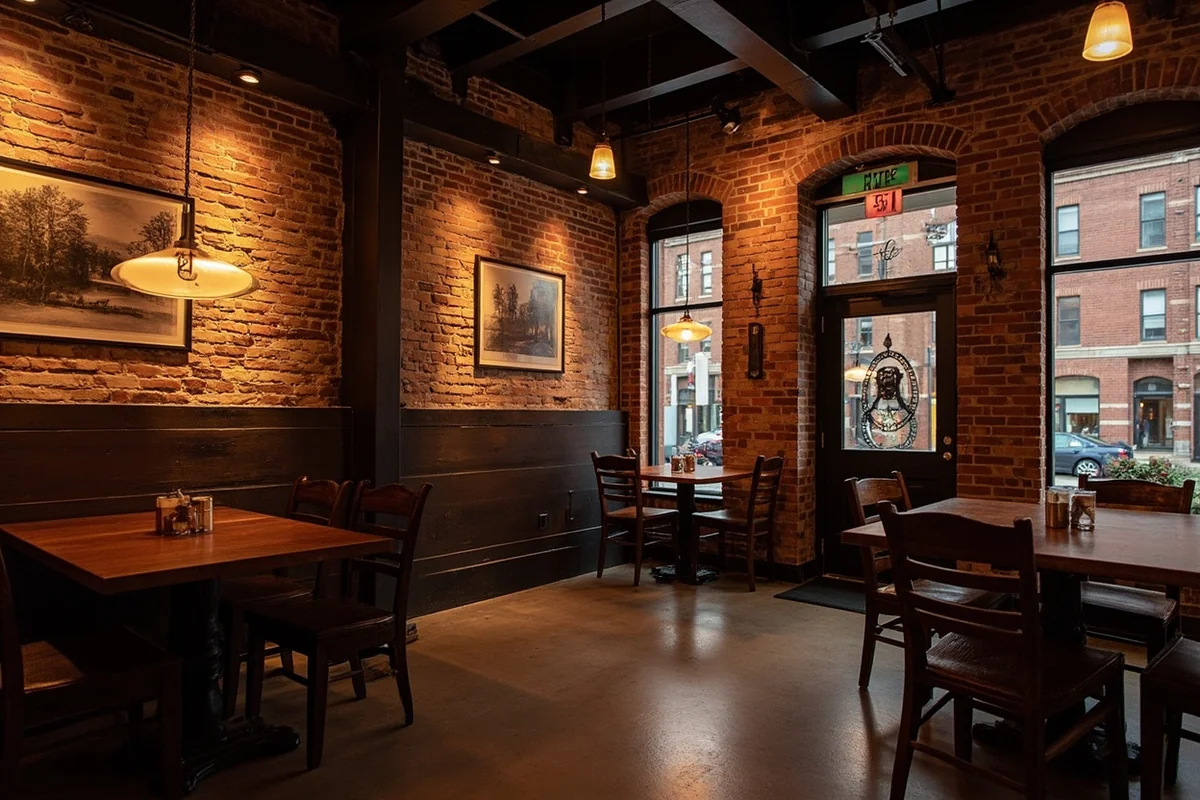 Ten Mile Creek Brewery interior showing exposed brick and intimate seating area