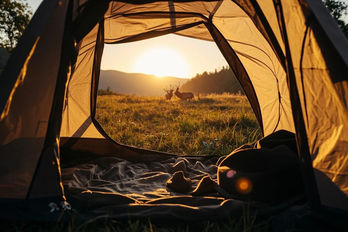 Tent camping setup with elk visible in background meadow at dawn