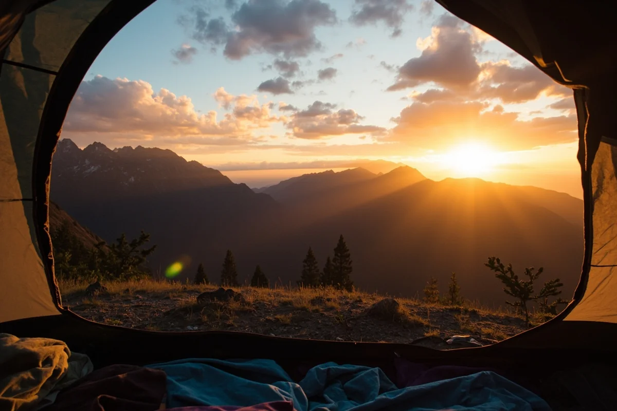 Tent camping with mountain views at sunrise