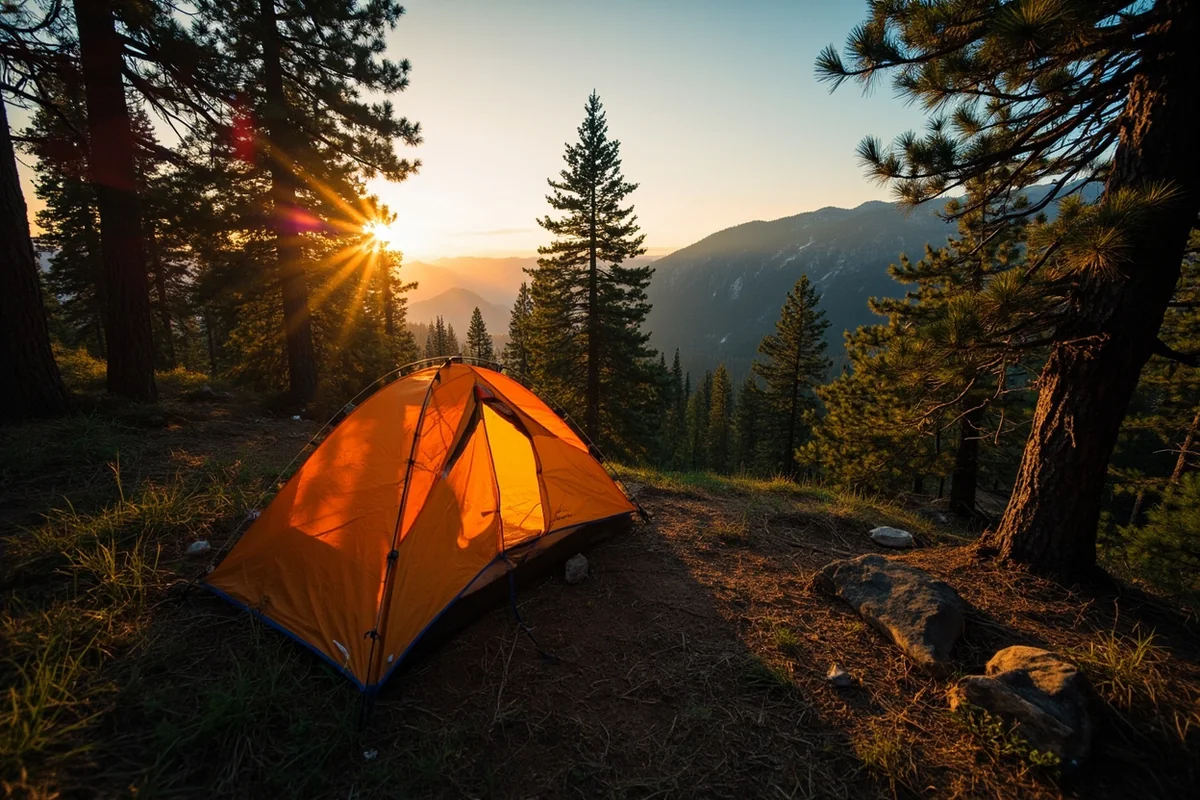 Tent campsite in a national forest setting with mountains visible through trees at sunrise