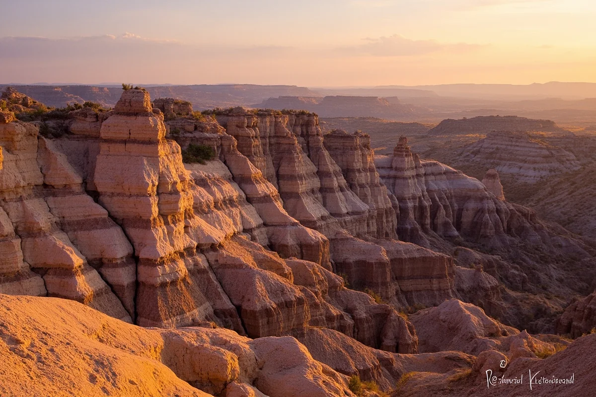 The Badlands National Park with dramatic eroded rock formations at golden hour