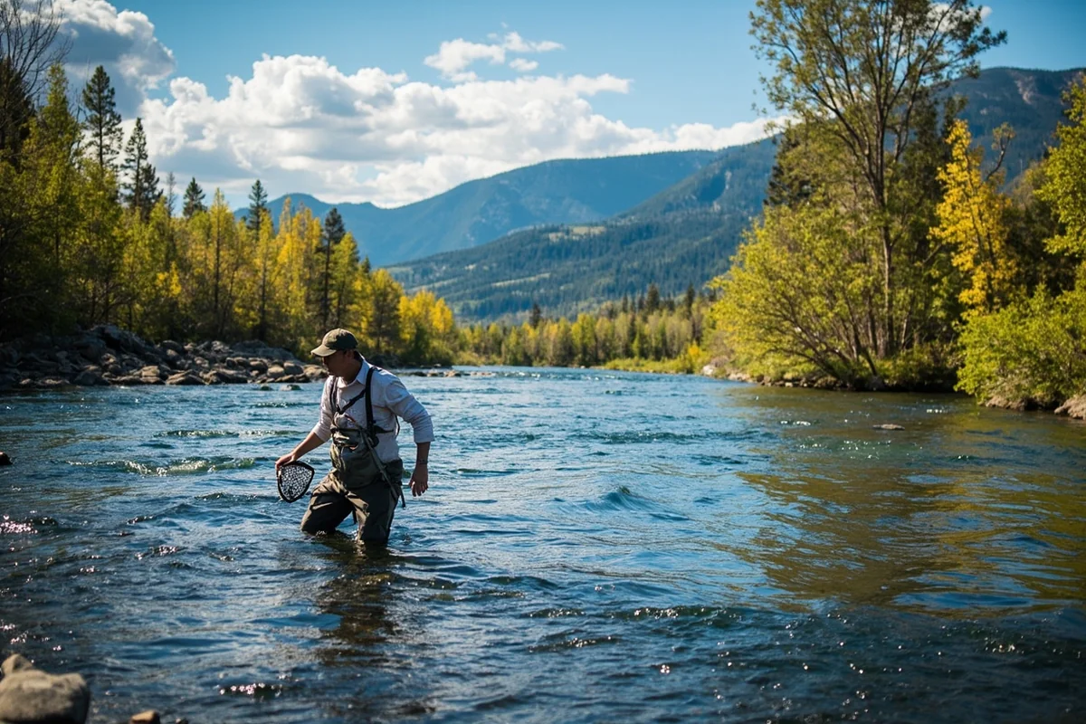 The Big Blackfoot River near Missoula, Montana with fly fisherman in the water