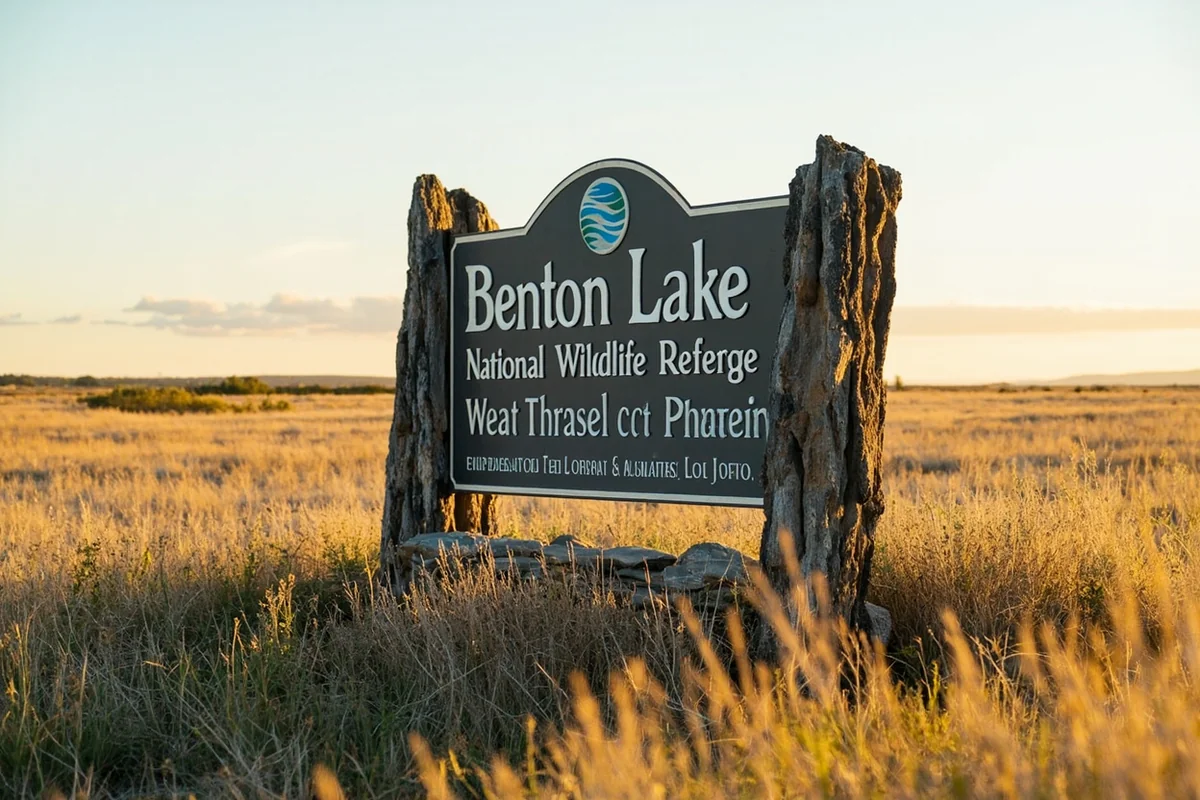 The entrance sign to Benton Lake National Wildlife Refuge with prairie landscape behind it