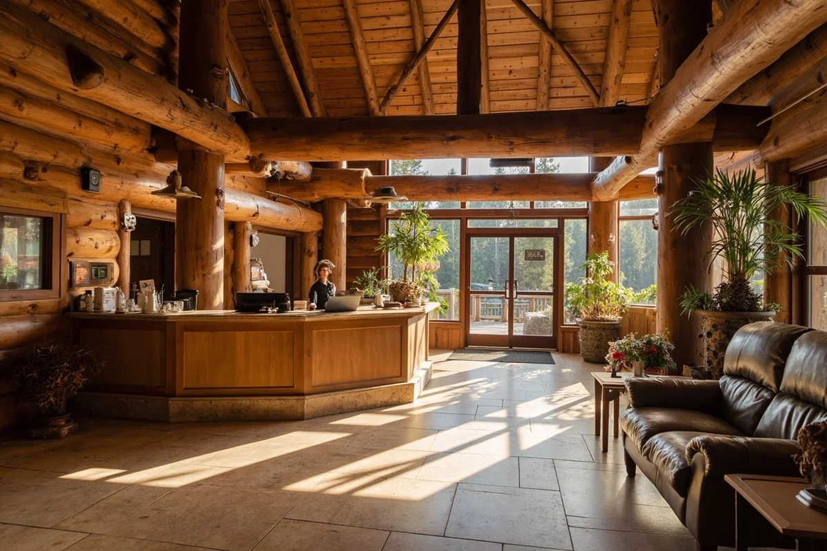 The front entrance and lobby area of Bozeman Hot Springs showing the check-in counter
