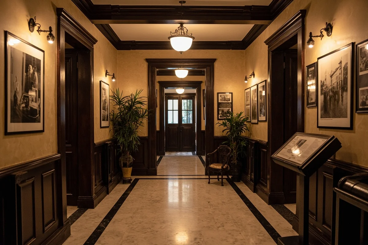 The historic hotel lobby showing vintage photographs and original architectural details
