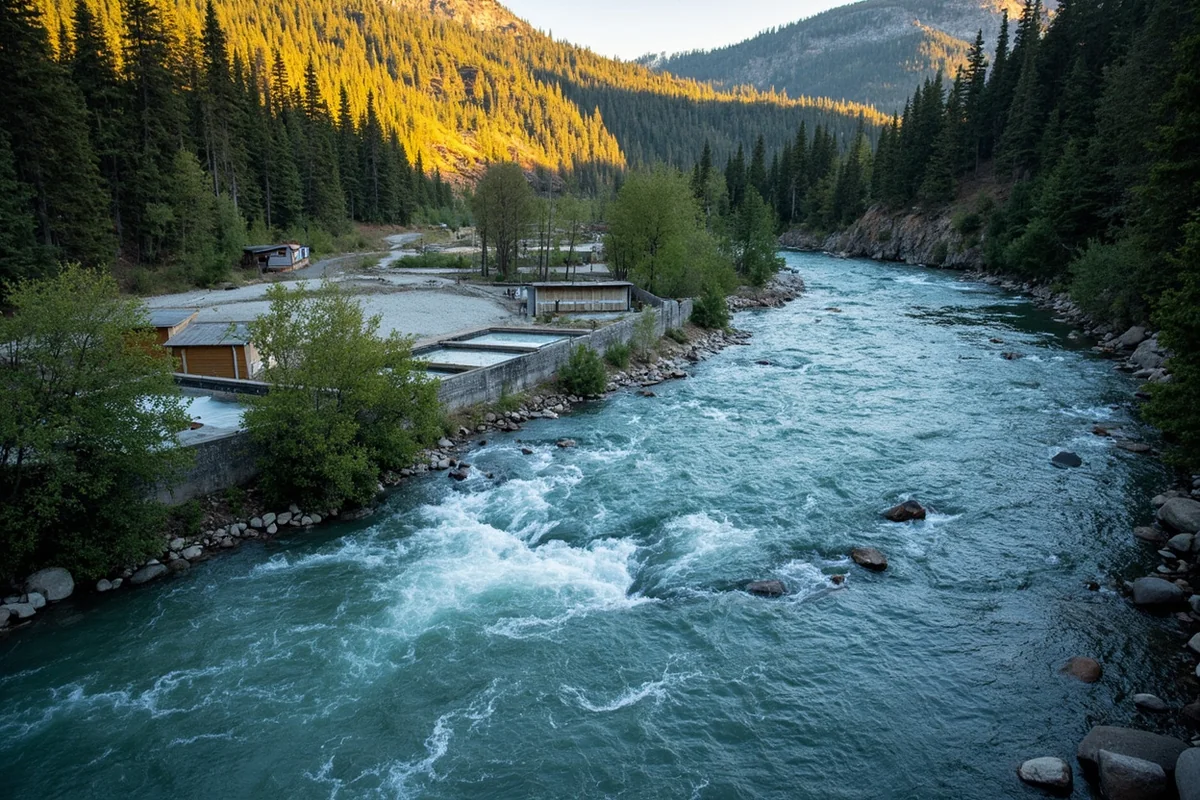 The Jefferson River flowing past the hot springs area, showing the proximity of cold river to hot pools