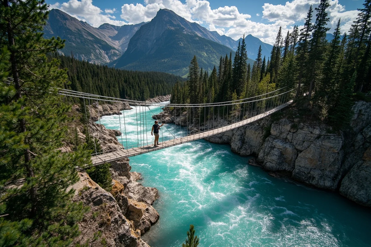 The Kootenai Falls Swinging Bridge stretching across the turquoise gorge with a hiker midway across