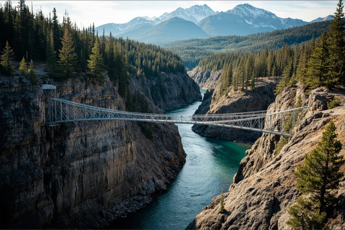 The Kootenai Falls swinging bridge stretching across the gorge with the river visible below