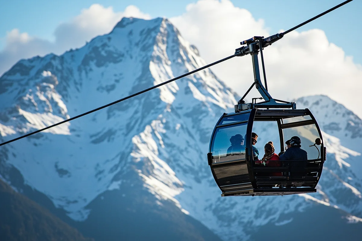 The Lone Peak Tram ascending toward the summit with skiers visible inside, dramatic mountain backdrop