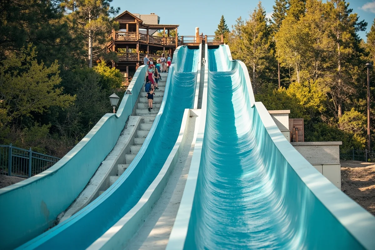 The main water slides at Ridge Waters with visitors climbing the stairs