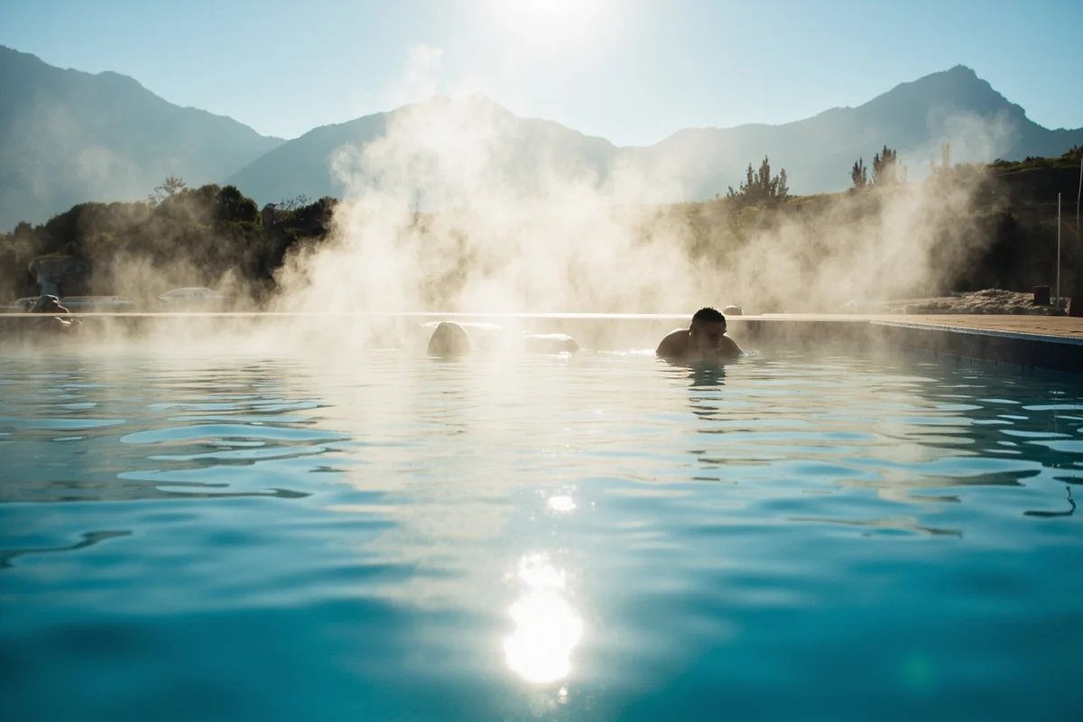 The outdoor mineral pool at Symes with steam rising and mountains visible in the background