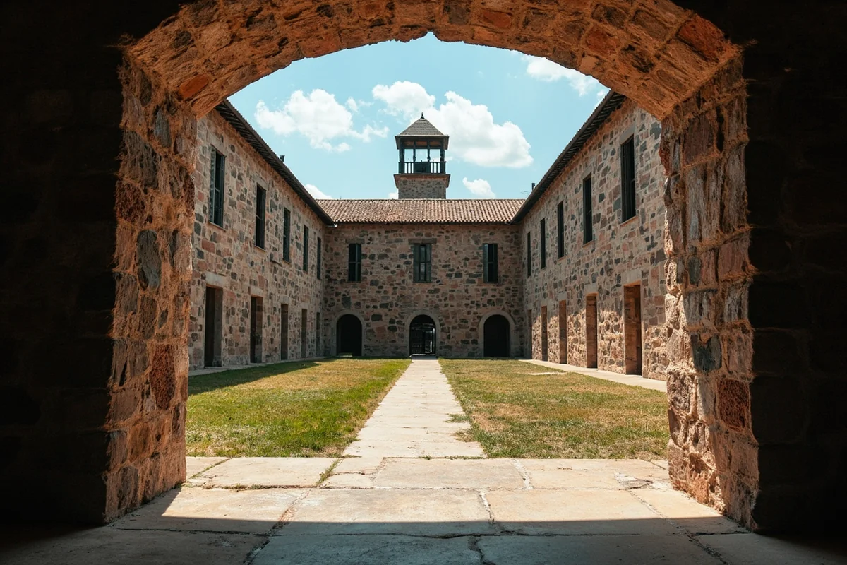 The prison's interior courtyard showing stone walls and guard tower perspectives