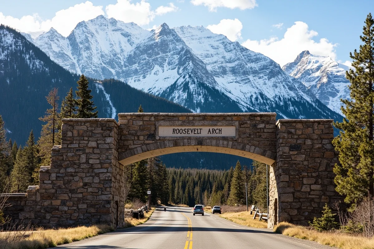 The Roosevelt Arch at Gardiner with snow-capped mountains in background