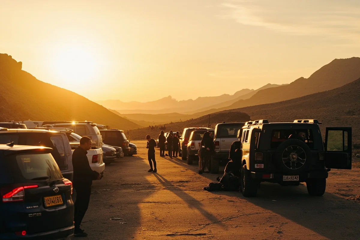 The Siyeh Bend parking area at dawn with cars parked and hikers preparing gear