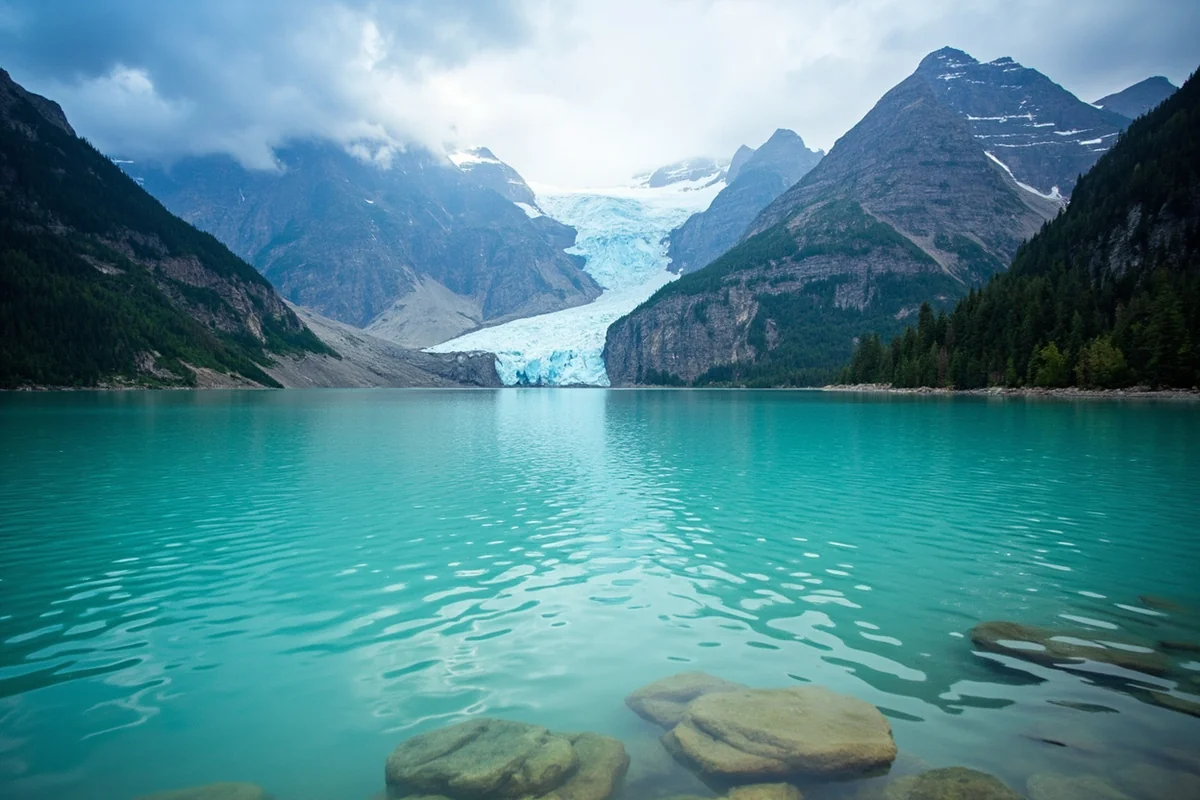 The turquoise waters of Grinnell Lake with Grinnell Glacier visible in the background