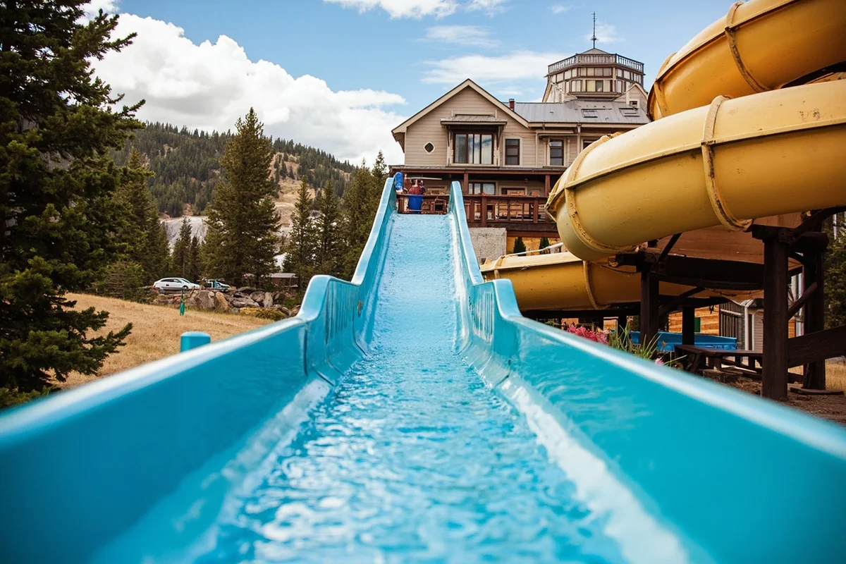 The waterslide at Fairmont Hot Springs Resort with the historic resort building in background
