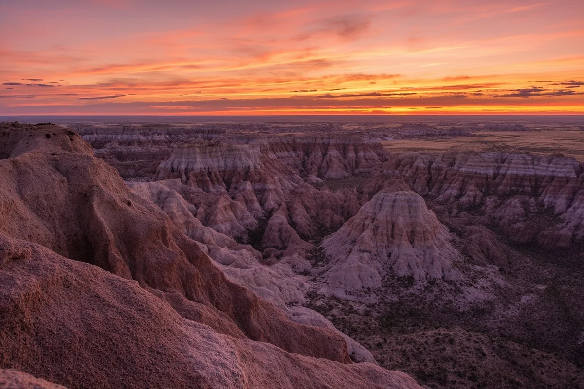 Theodore Roosevelt National Park's colorful badlands formations at sunset
