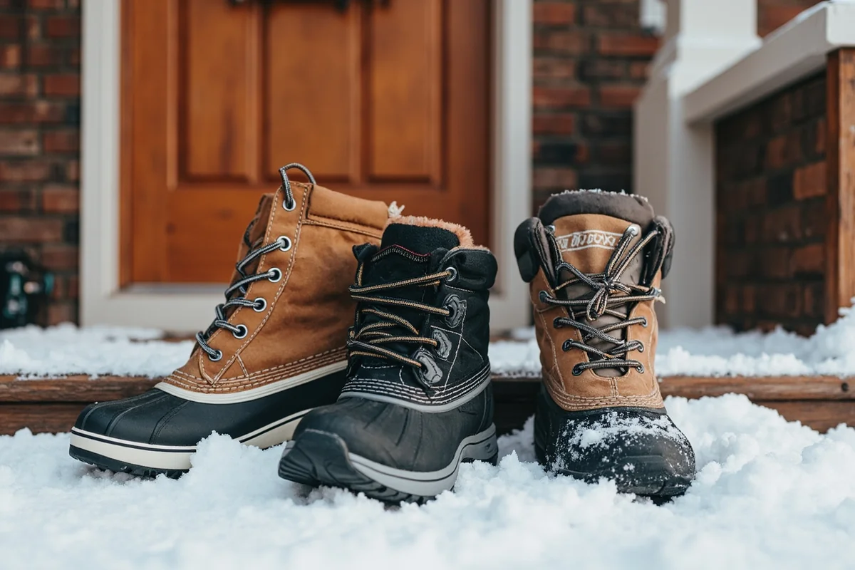 Three different styles of winter boots arranged on snowy porch - pac boot, insulated hiking boot, and urban winter boot