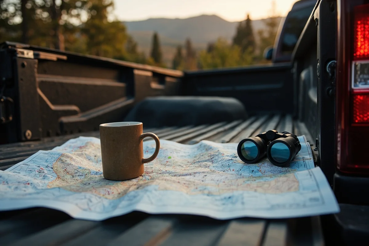 Topographic map of Montana hunting regions spread on truck tailgate with coffee mug and binoculars