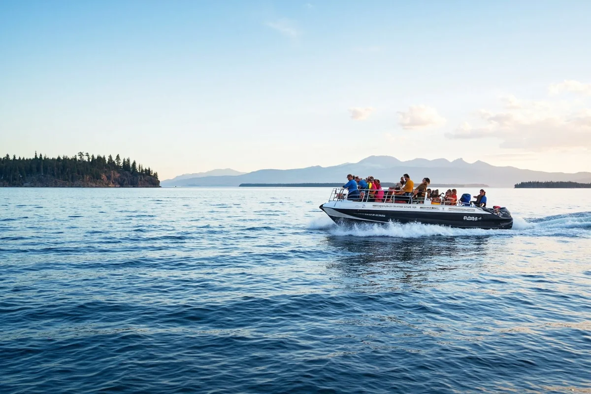Tour boat on Flathead Lake with Wild Horse Island visible in background