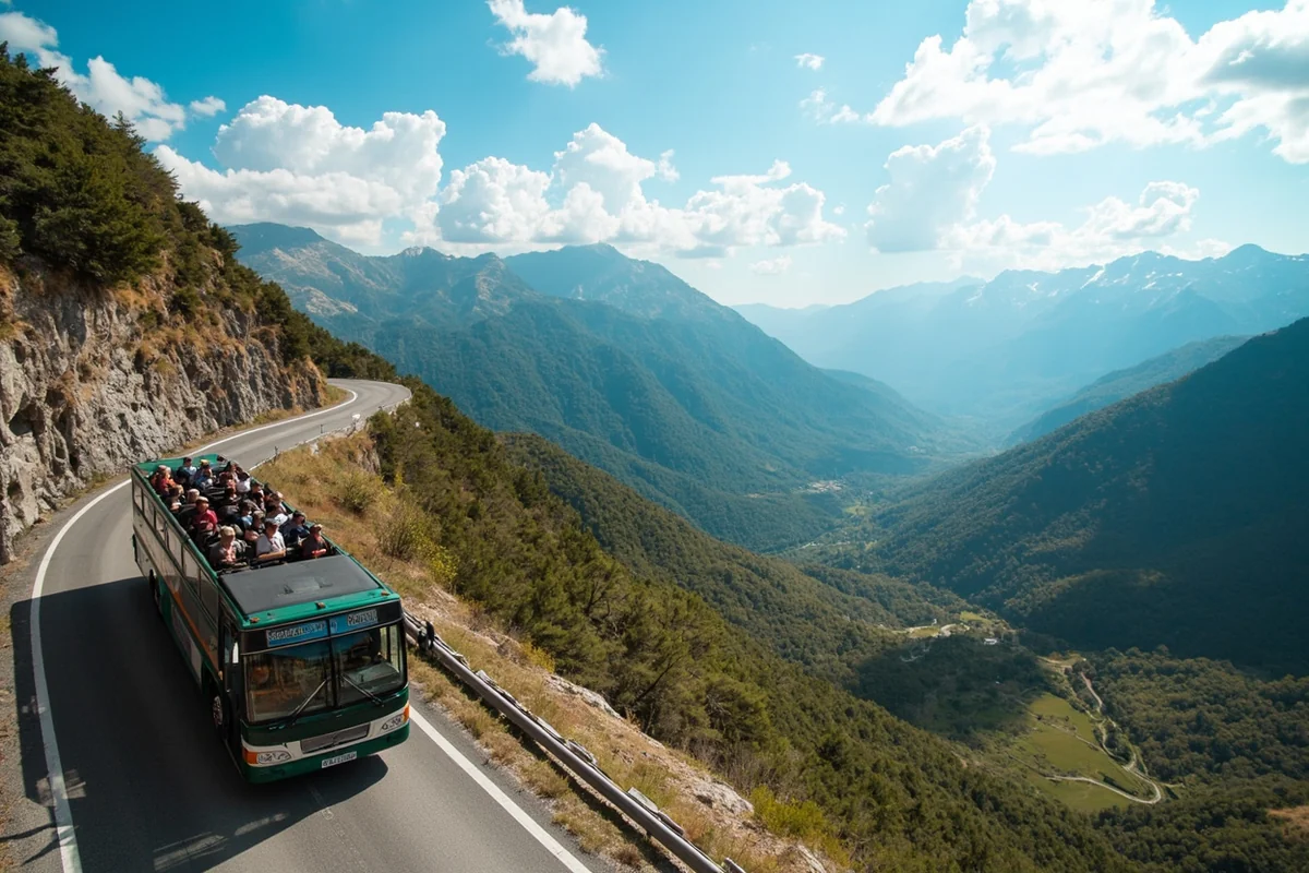 Tour bus driving up winding mountain road with expansive valley views in background