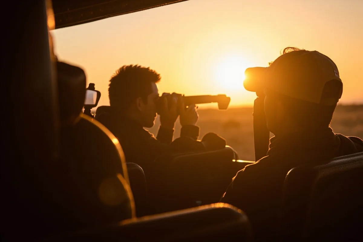 Tour participants photographing wildlife from a safari vehicle at dawn