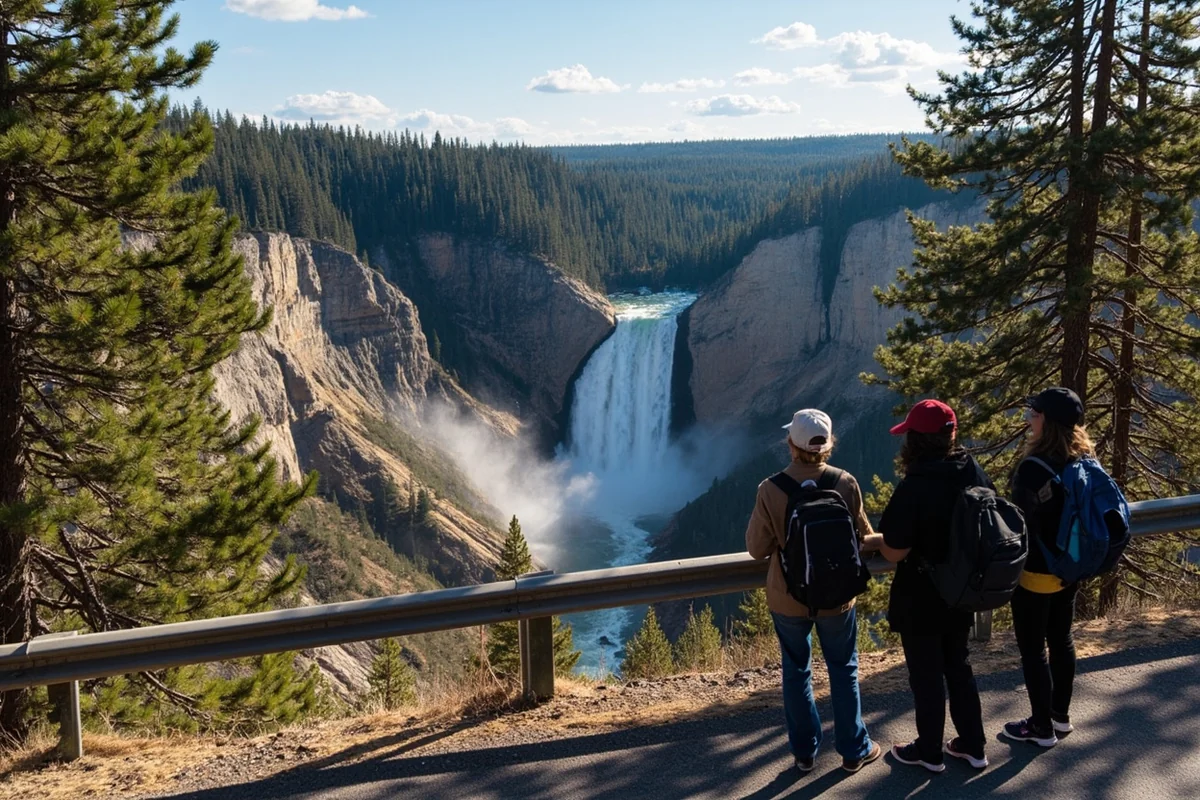 Tourists viewing McDonald Falls from the main roadside pullout viewpoint