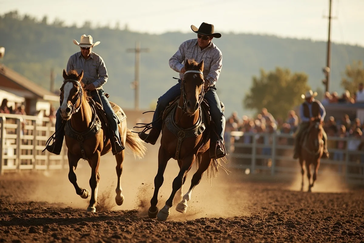 Traditional Montana rodeo scene in a small town, with cowboys and spectators
