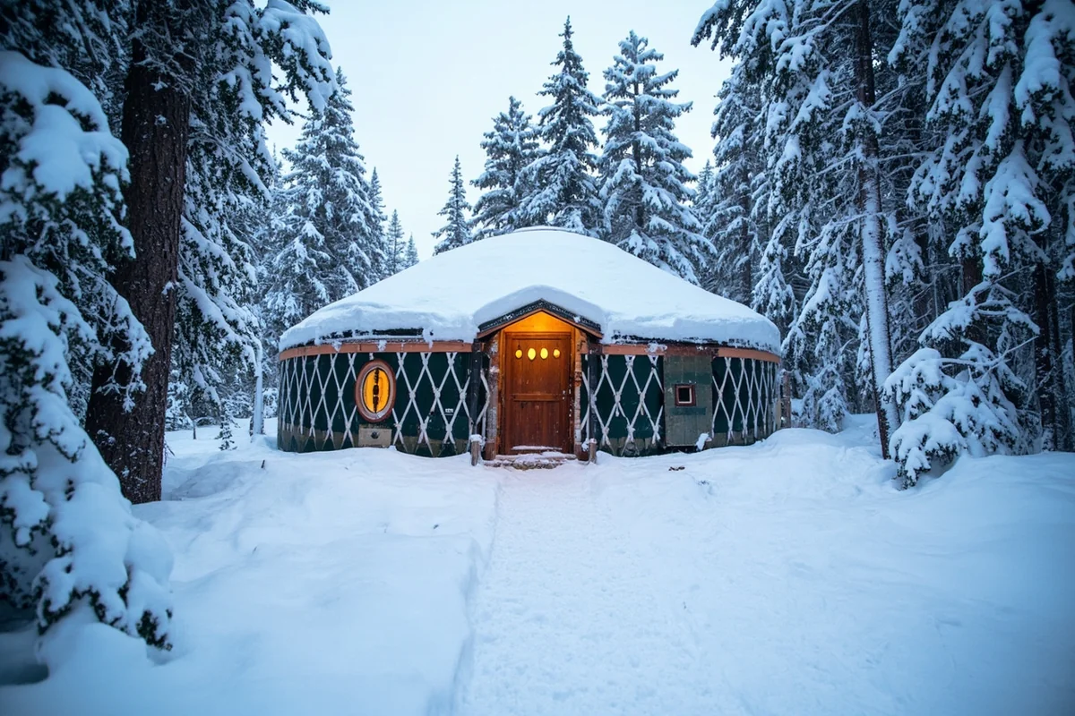 Traditional yurt structure in snowy Montana forest with cross-country ski tracks leading to entrance
