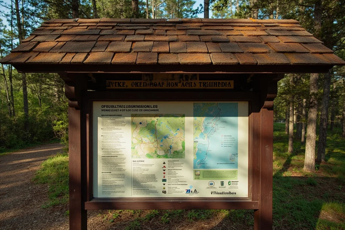 Trail information kiosk at Ousel Falls trailhead showing map and regulations